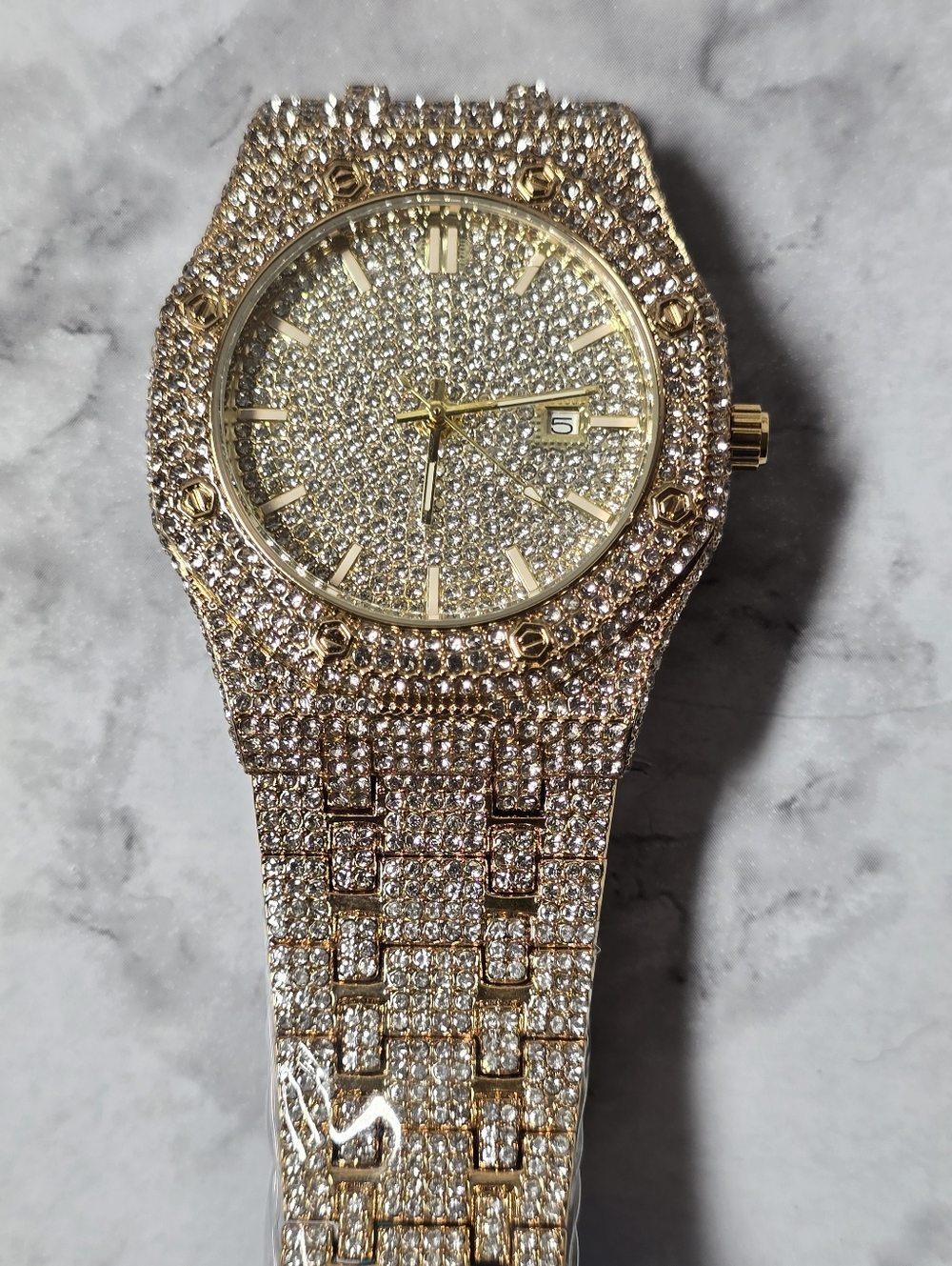 44mm Gold-Finished VVS CZ "Bust Down" Watch Stainless  & 3 Bar Water Resistant